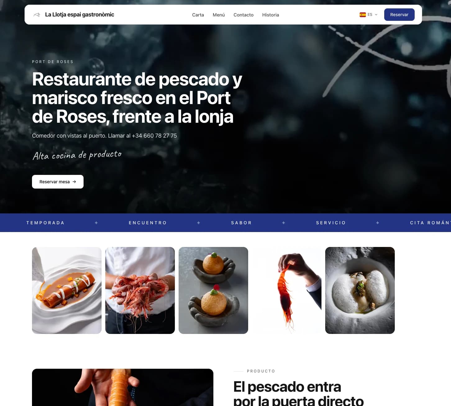 Web de La Llotja: restaurante de pescado y marisco en el Port de Roses, con carta, menú y reserva de mesa